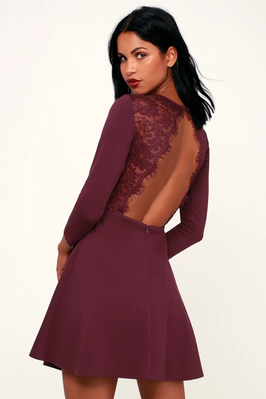 NWT Lulus Felicity Backless Lace Skater Dress Womens L Burgundy Long Sleeve Mini